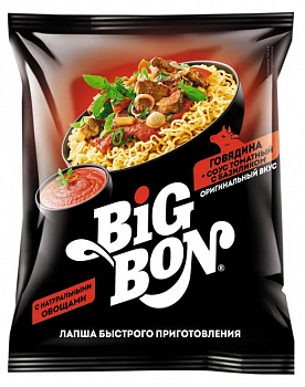 Лапша "BIGBON" Говядина + соус «Томатный с базиликом», пачка 75гр